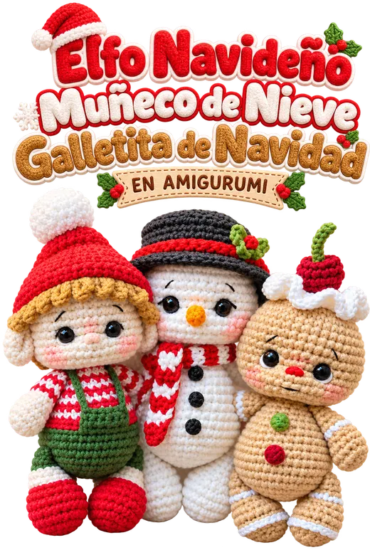 Elfo navideño, muñeco de nieve y galletita en amigurumi