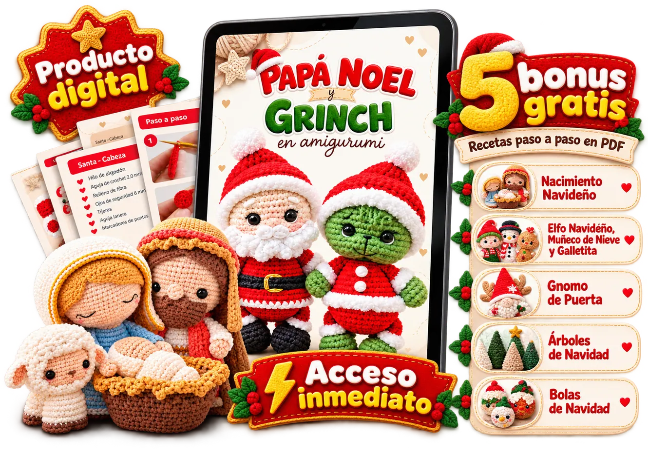 Papá Noel y Grinch en amigurumi, nacimiento navideño y cinco bonos de recetas en PDF